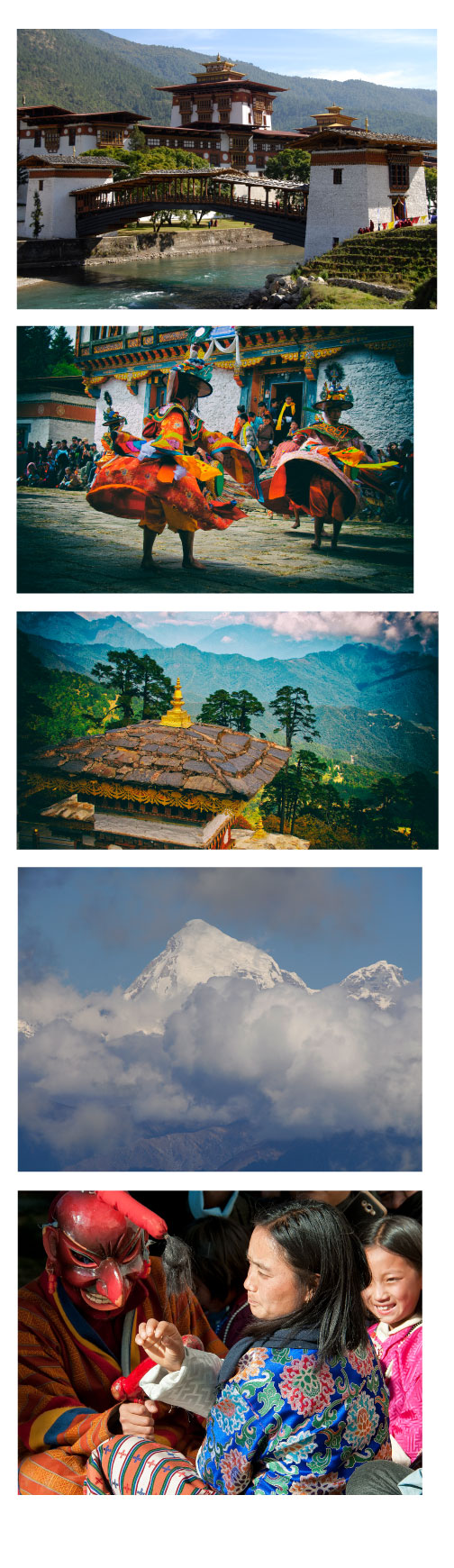 Photos: Punakha Dzong, Festival dancers, Cheli La, Jholmohari, Atsara joking with family.